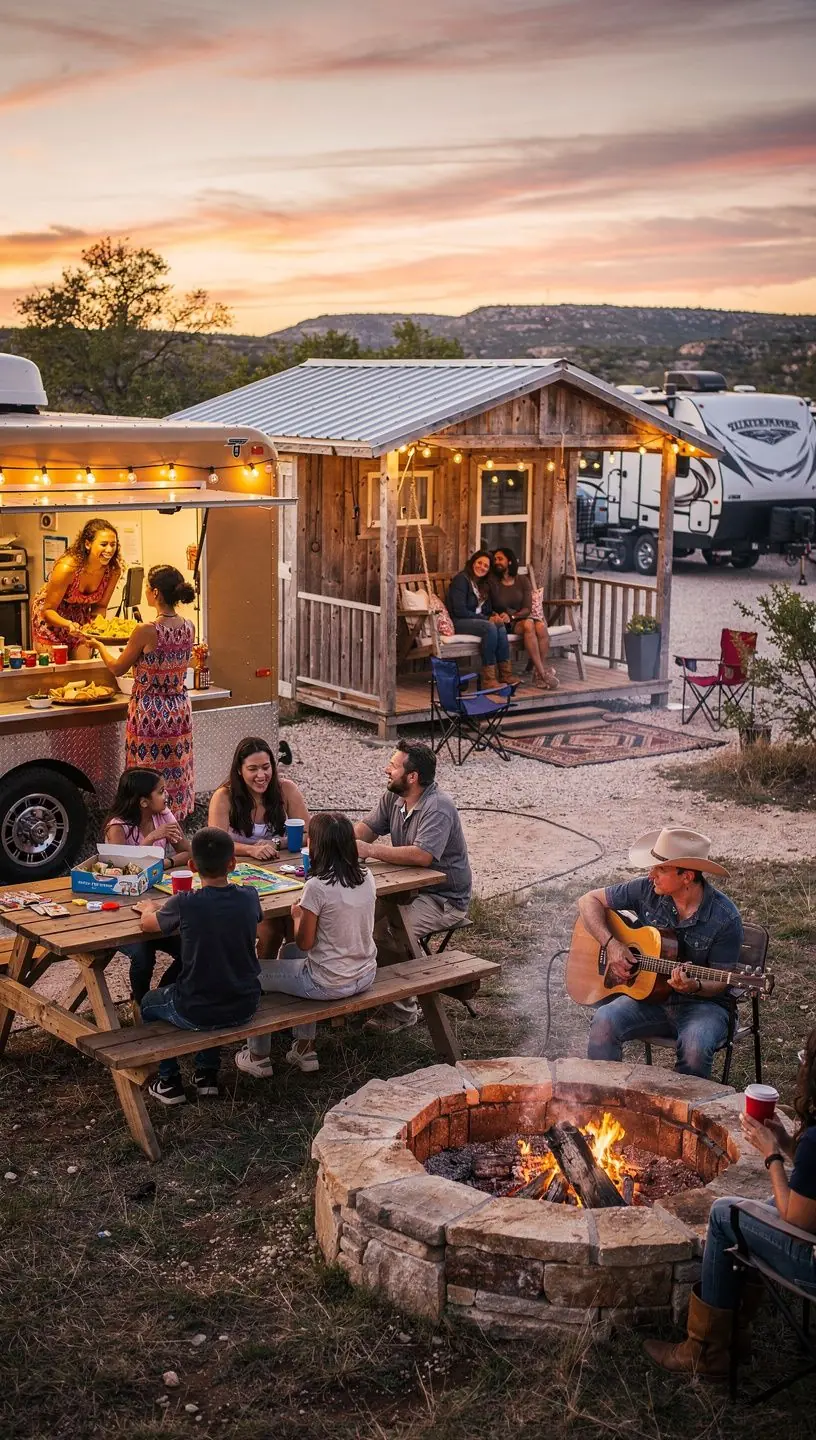 Микро-курорт для отдыха на колесах в США с парковочными местами для подключения электроснабжения и современными душевыми кабинами.